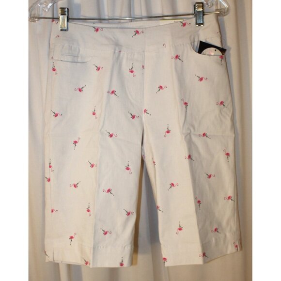 NEW SLIMSATION Golf Walking Shorts Size 4 White Flamingo Print Slimming Pull-On - Picture 1 of 4